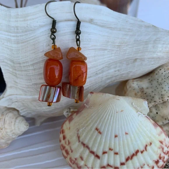 Drop Earrings Orange Tones Handcrafted Mixed Beads and Shell Materials Boho Chic - Picture 4 of 10